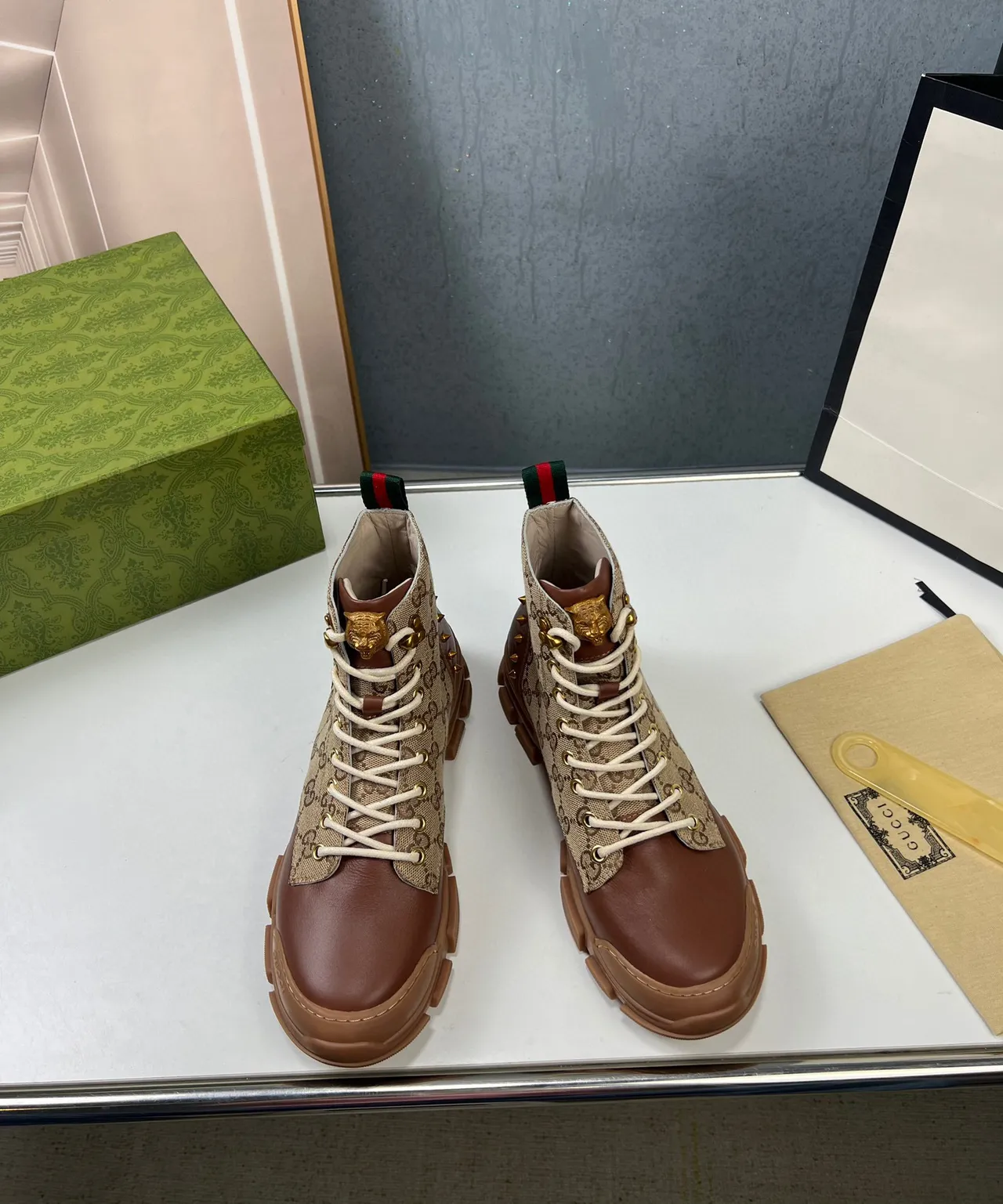 Gucci Beige Brown GG Monogram Canvas Leather Accents Work Boots 9