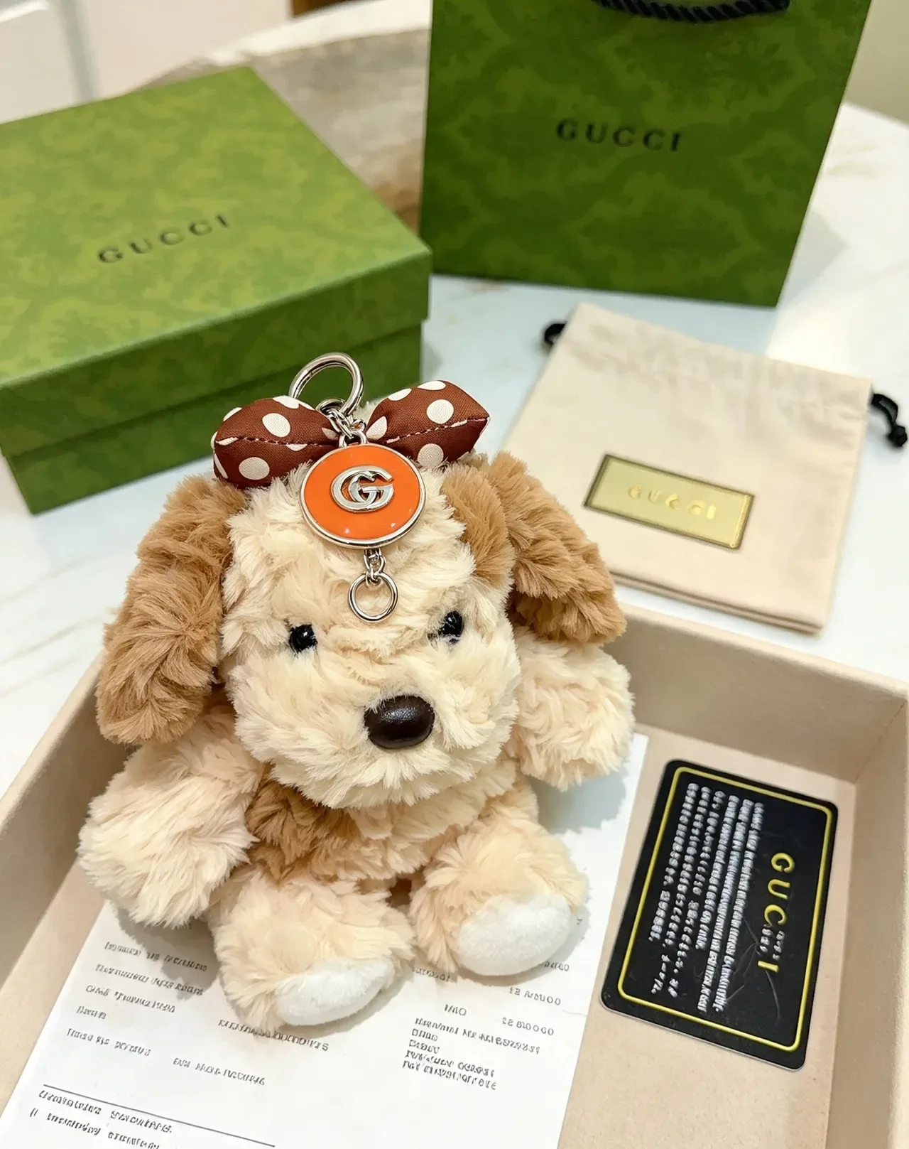 Gucci Sac à Main Beige Marron Peluche Forme de Chien Nœud à Pois 3