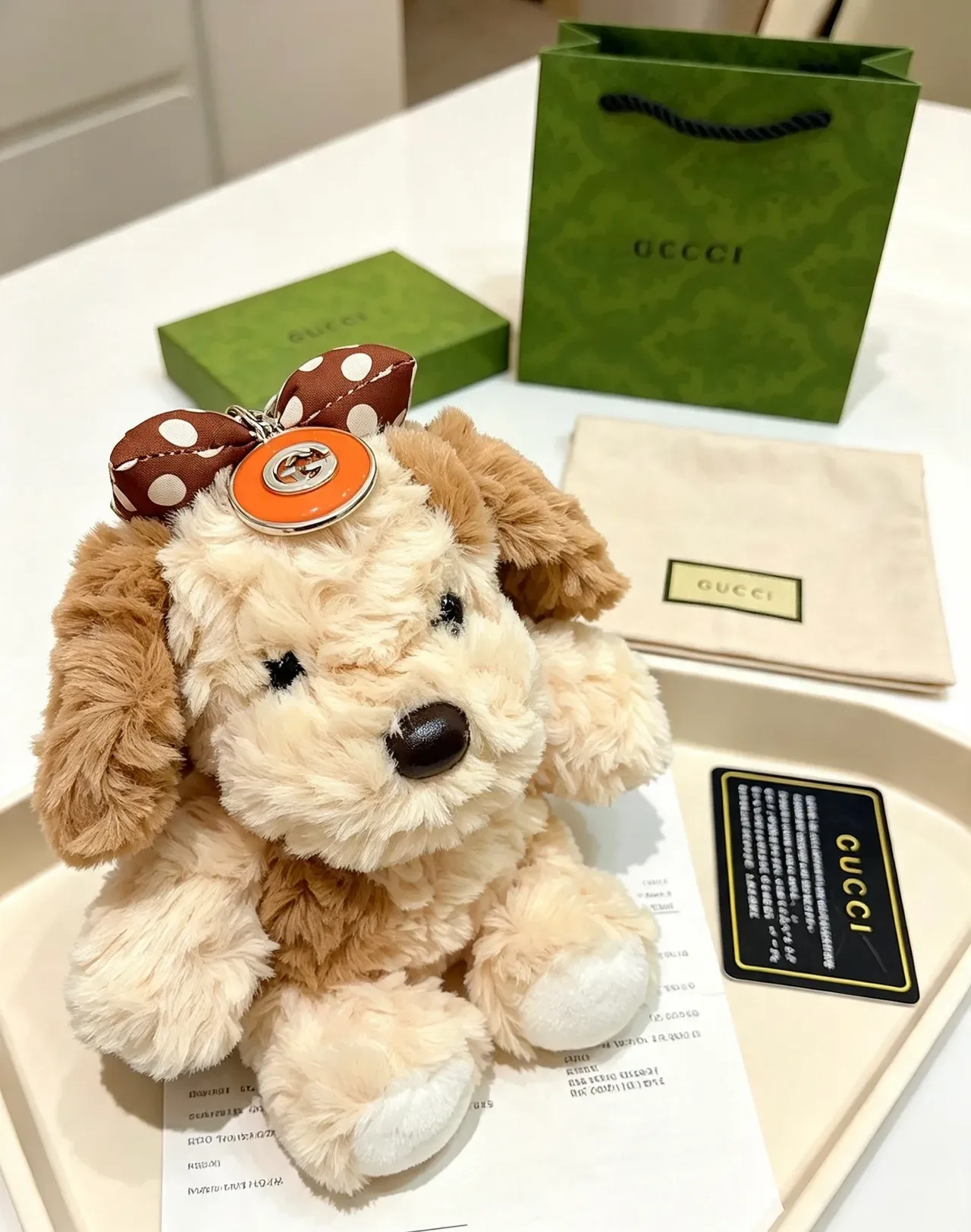 Gucci Sac à Main Beige Marron Peluche Forme de Chien Nœud à Pois 4