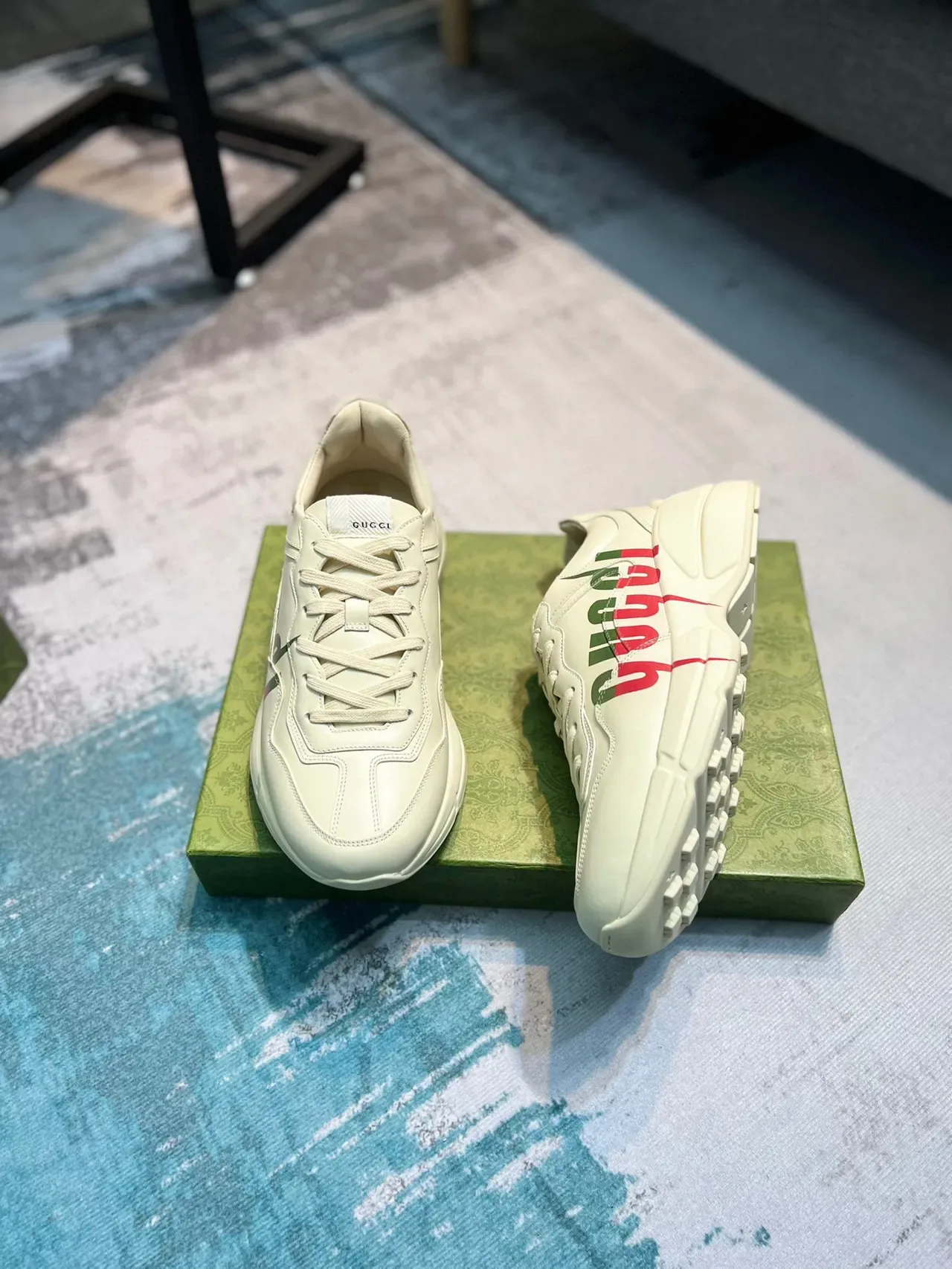 Gucci Beige Green Couro Superior Oversized Logo Lateral Zapatilhas Chunky 4