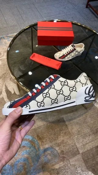 Gucci Beige Red GG Monogram Canvas Upper Web Stripe Lifestyle Sneakers 5