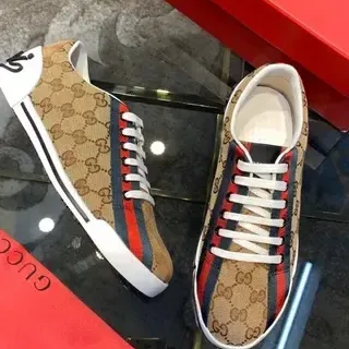 Gucci Beige Rojo GG Monogram Lona Rayas Web Stripe Zapatillas Lifestyle