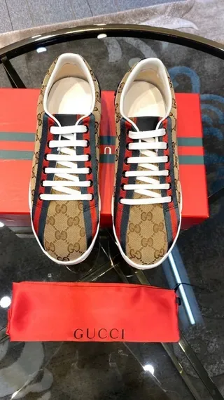 Gucci بيج أحمر GG Monogram قماش شريط ويب حذاء رياضي أسلوب حياة 5