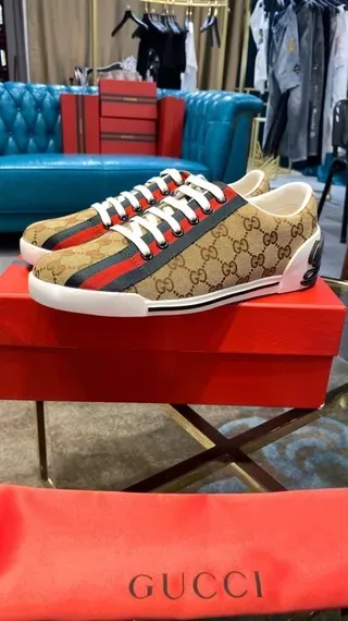 Gucci بيج أحمر GG Monogram قماش شريط ويب حذاء رياضي أسلوب حياة 7