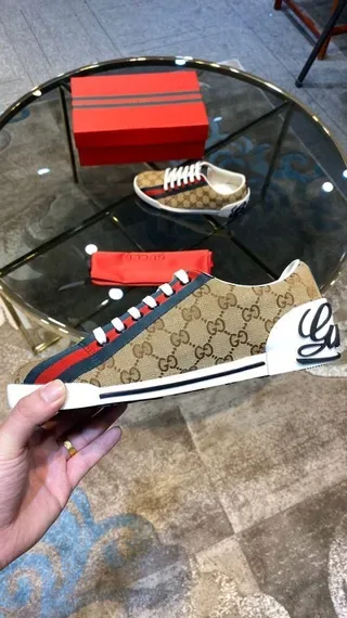 Gucci بيج أحمر GG Monogram قماش شريط ويب حذاء رياضي أسلوب حياة 8
