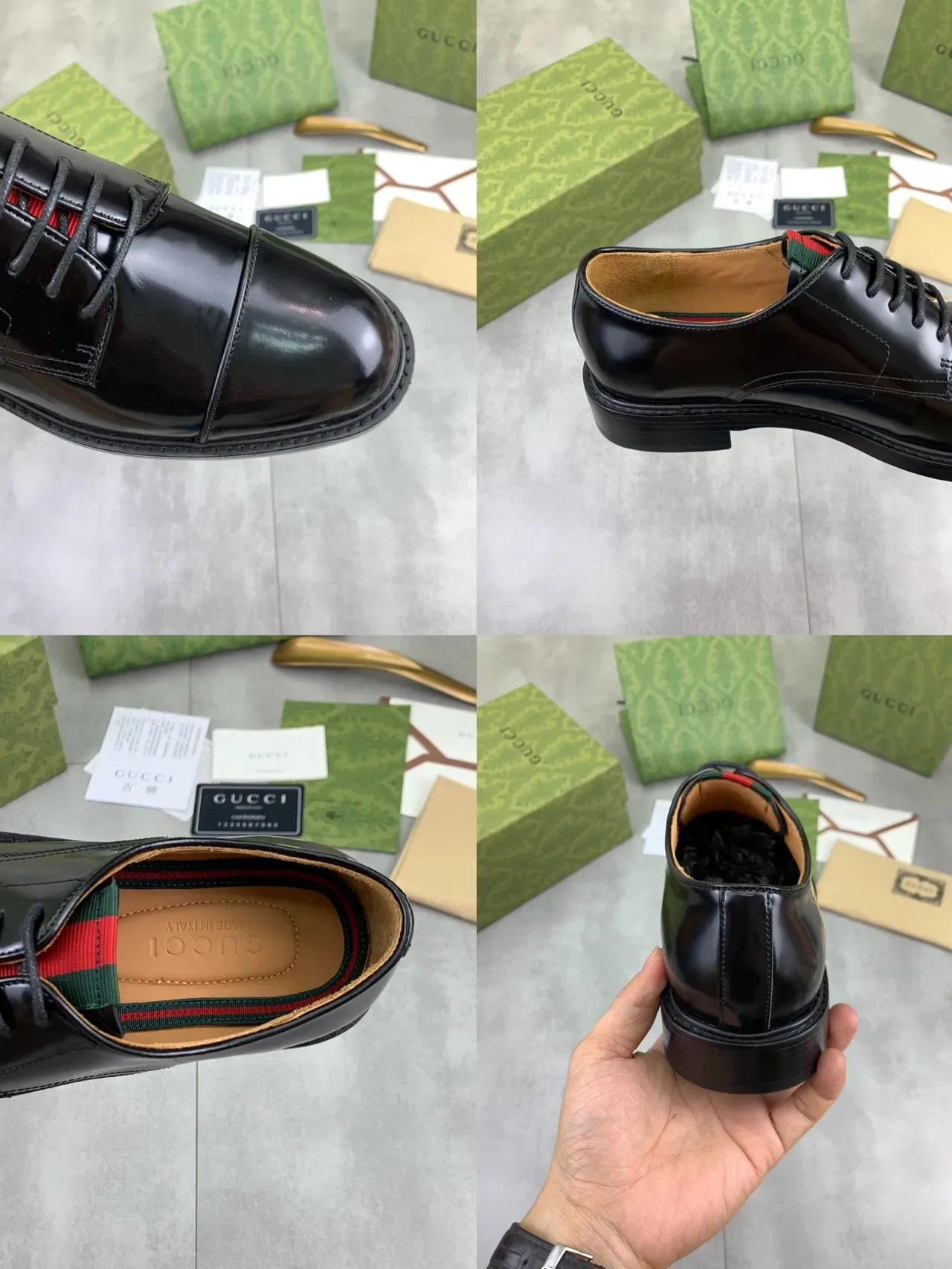 Gucci কালো সবুজ চকচকে চামড়া ক্যাপ টো অক্সফোর্ড জুতা 2