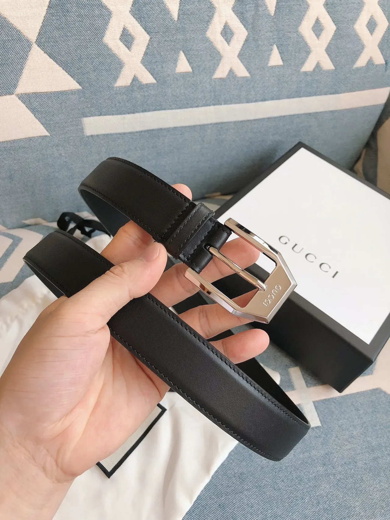 Gucci Black Silver Hexagonal Buckle Smooth Strap Leather Belt 7