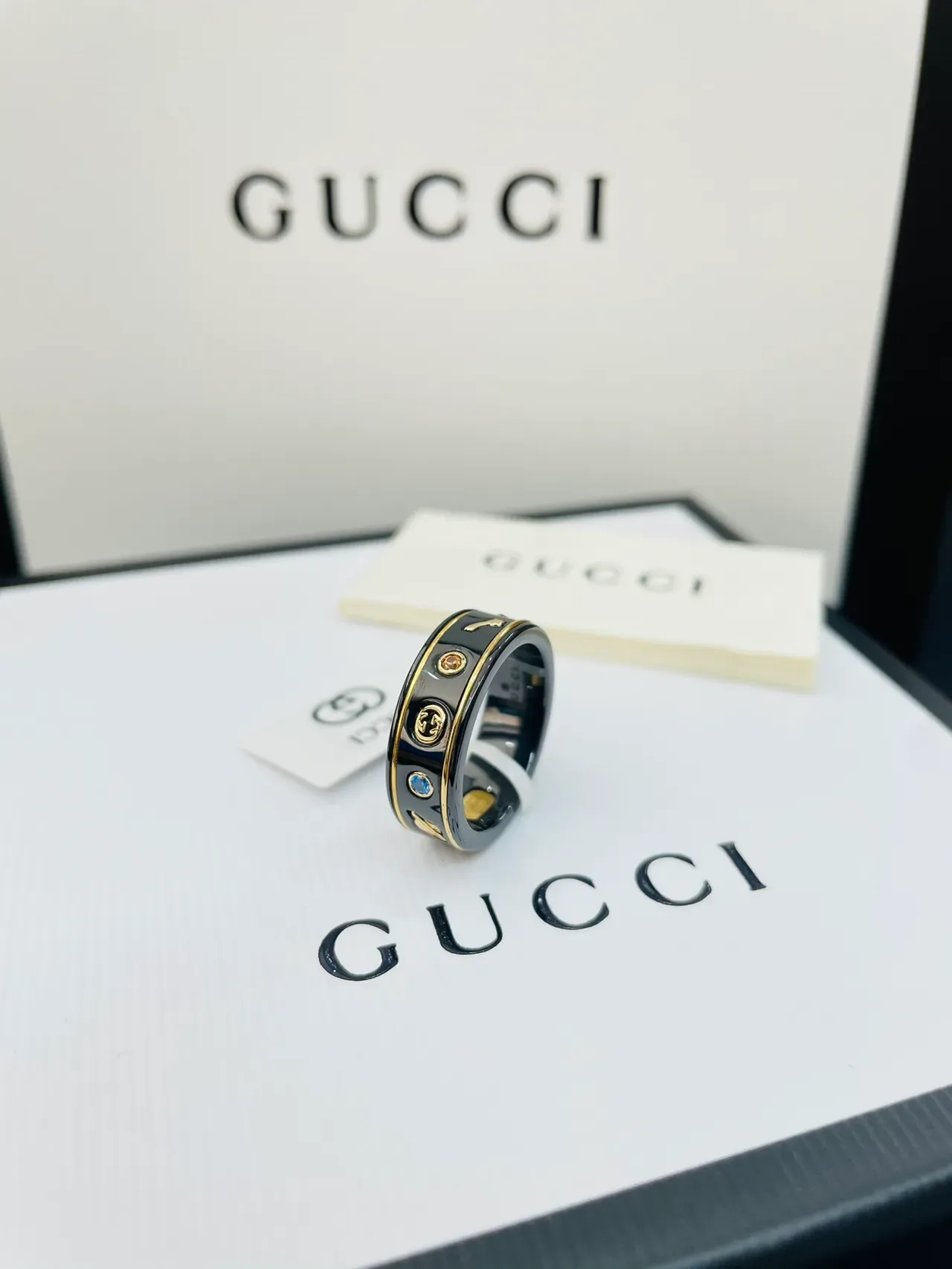 Gucci Black White Enamel Band Star Motif Ring 7