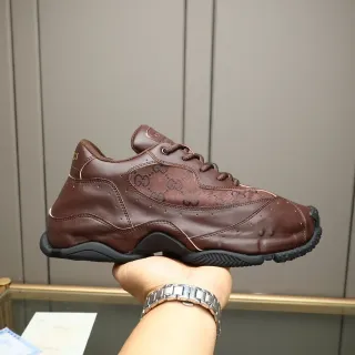 Gucci Brown Black Leather And GG Monogram Fabric Upper Perforated Toe Cap Chunky Sneakers
