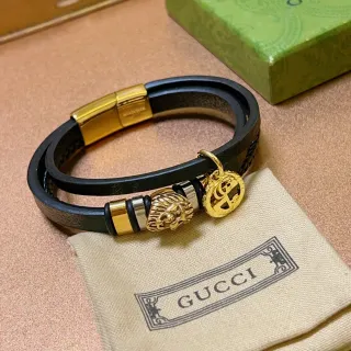 Gucci Dionysus مستوحى سوار تعويذة رأس أسد جلد أسود ذهبي مزدوج التفاف