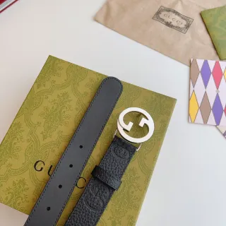Gucci Double G 黑色银色 Interlocking Buckle GG-Embossed Textured Leather 腰带