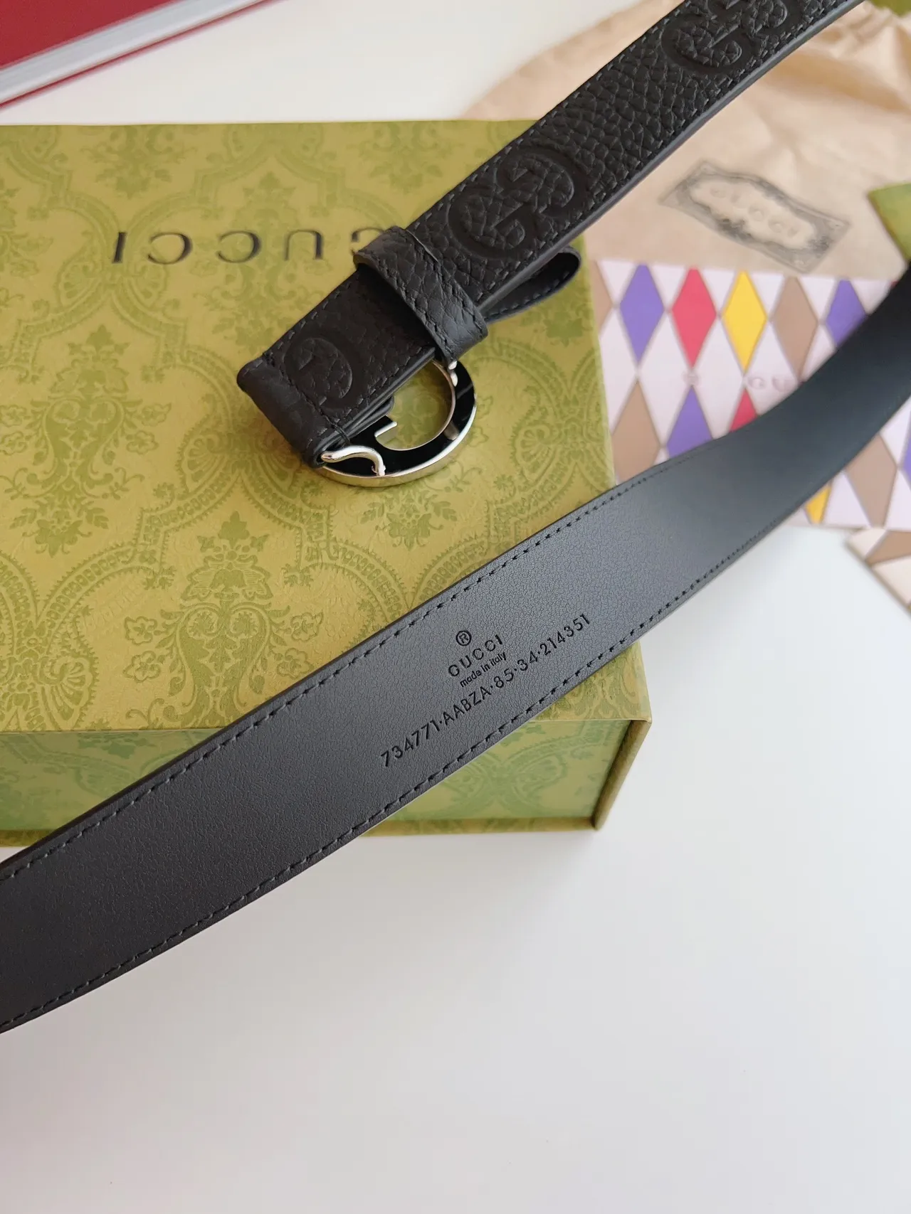 Gucci Double G Belt Black Silver Interlocking Buckle GG-Embossed Textured Leather Belt 6