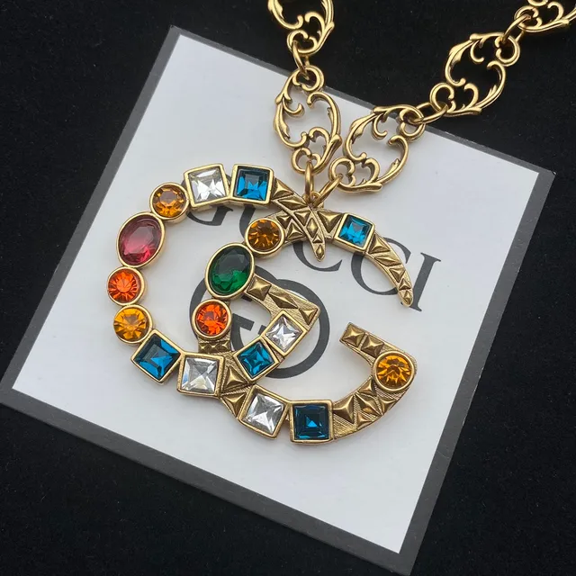 Gucci Double G Crystal Multicolor Pendant Necklace 1
