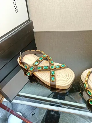 Gucci Embellished Brown and Emerald Green Gladiator Sandals 2