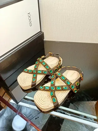 Gucci Embellished Brown and Emerald Green Gladiator Sandals 3