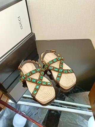 Gucci Embellished Brown and Emerald Green Gladiator Sandals 4