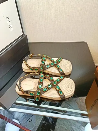 Gucci Embellished Brown and Emerald Green Gladiator Sandals 5