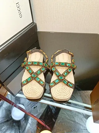 Gucci Embellished Brown and Emerald Green Gladiator Sandals 6