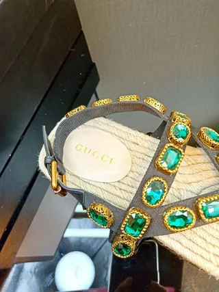 Gucci Embellished Brown and Emerald Green Gladiator Sandals 8