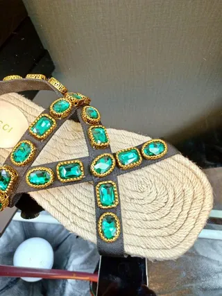 Gucci Embellished Brown and Emerald Green Gladiator Sandals 9