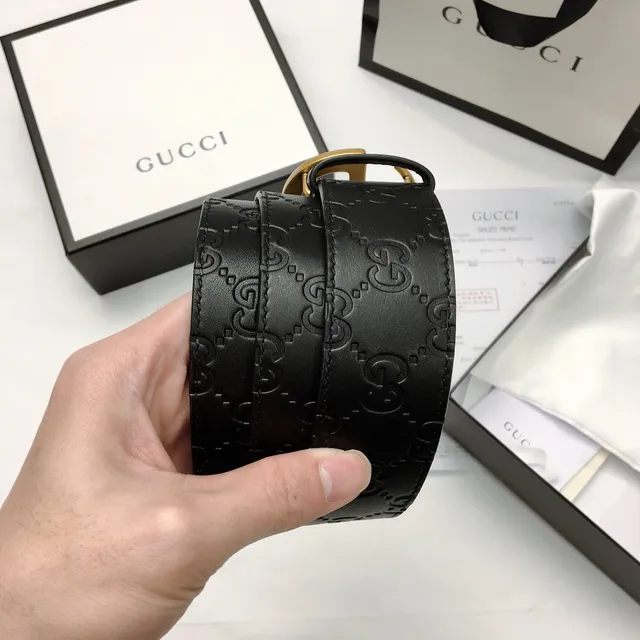 حزام جلد Gucci GG Marmont أسود ذهبي مونوغرام مطبوع oversized interlocking G buckle 2