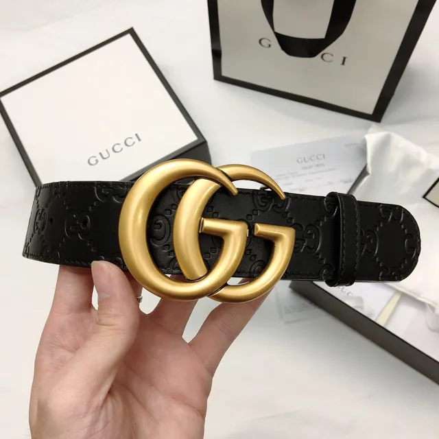 حزام جلد Gucci GG Marmont أسود ذهبي مونوغرام مطبوع oversized interlocking G buckle 4