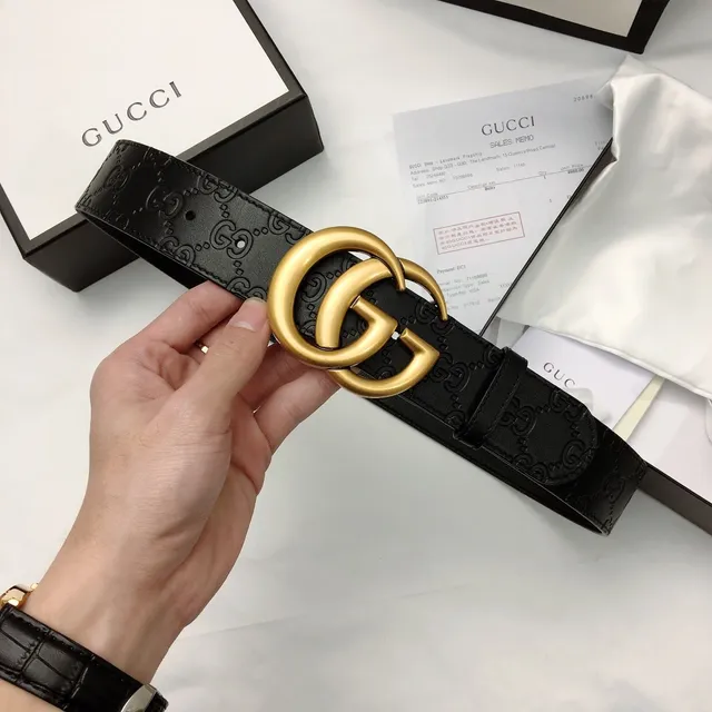 حزام جلد Gucci GG Marmont أسود ذهبي مونوغرام مطبوع oversized interlocking G buckle 5