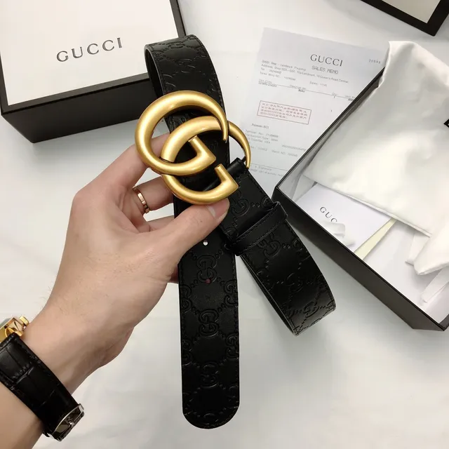 حزام جلد Gucci GG Marmont أسود ذهبي مونوغرام مطبوع oversized interlocking G buckle 6