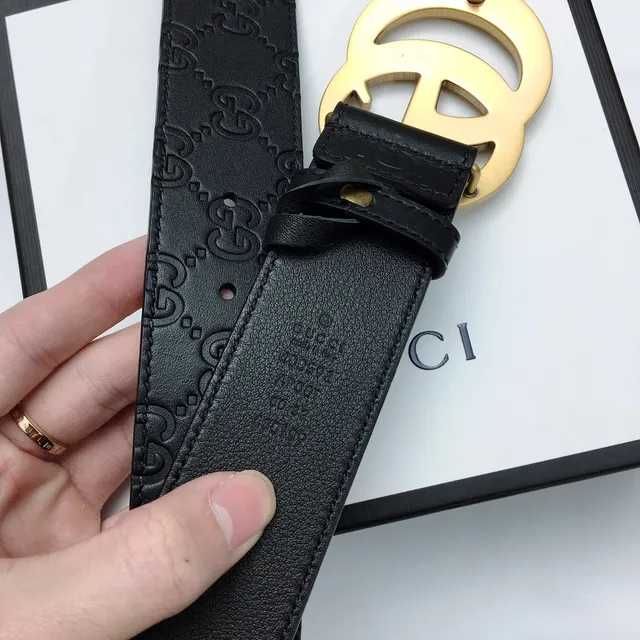 حزام جلد Gucci GG Marmont أسود ذهبي مونوغرام مطبوع oversized interlocking G buckle 7