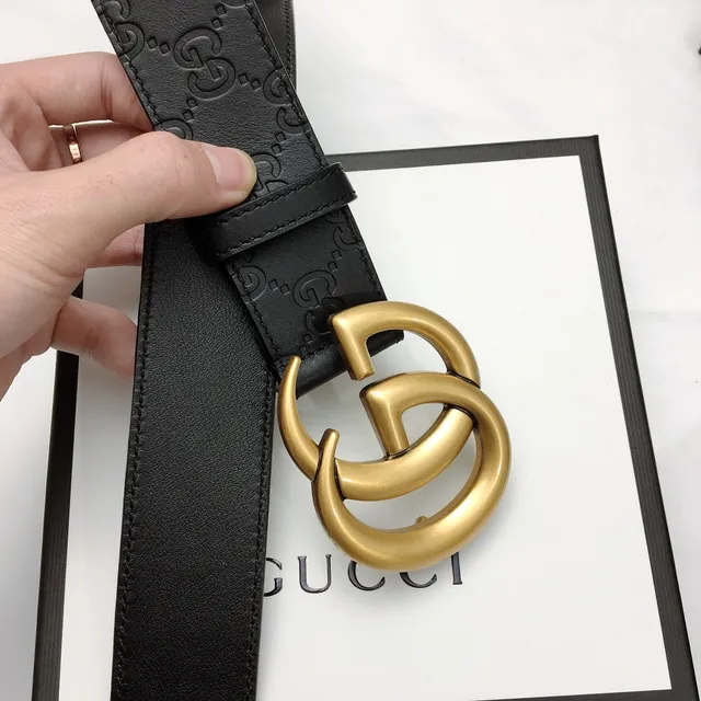حزام جلد Gucci GG Marmont أسود ذهبي مونوغرام مطبوع oversized interlocking G buckle 8