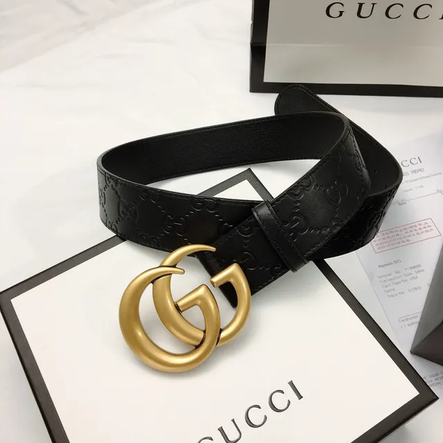 حزام جلد Gucci GG Marmont أسود ذهبي مونوغرام مطبوع oversized interlocking G buckle 9