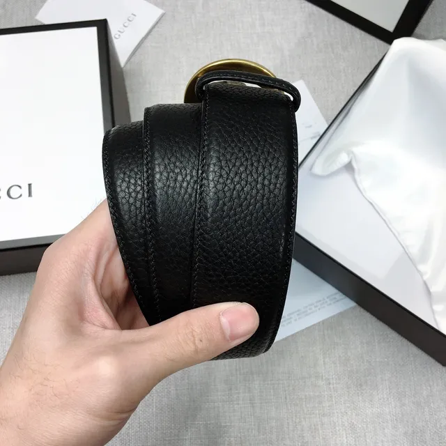 Gucci GG Marmont Noir Or Interlocking G Buckle Cuir Pebbled Ceinture 2