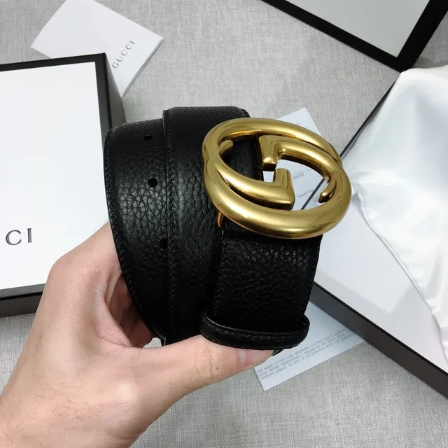 Gucci GG Marmont Noir Or Interlocking G Buckle Cuir Pebbled Ceinture 3