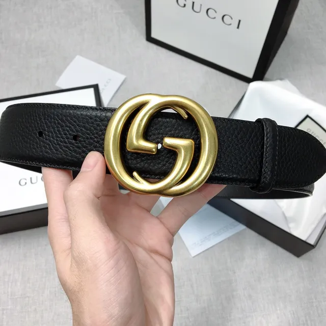 Gucci GG Marmont Noir Or Interlocking G Buckle Cuir Pebbled Ceinture 4