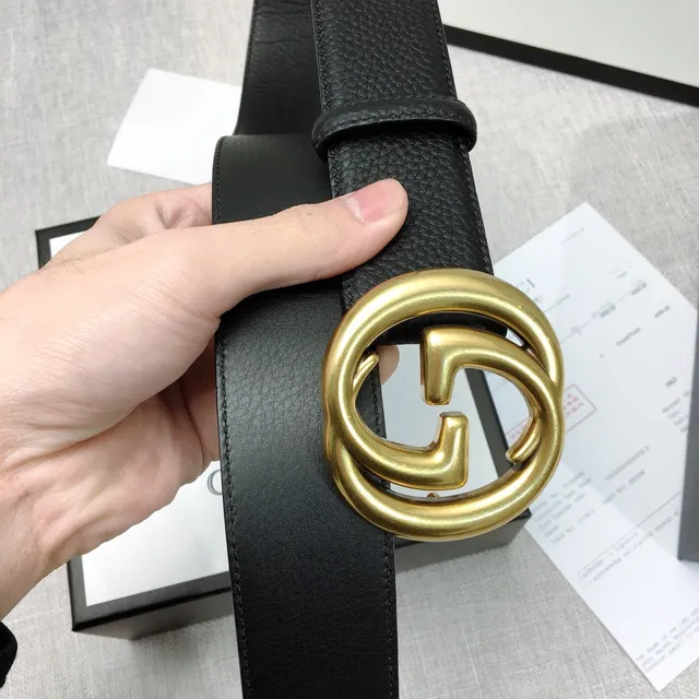 Gucci GG Marmont Noir Or Interlocking G Buckle Cuir Pebbled Ceinture 8