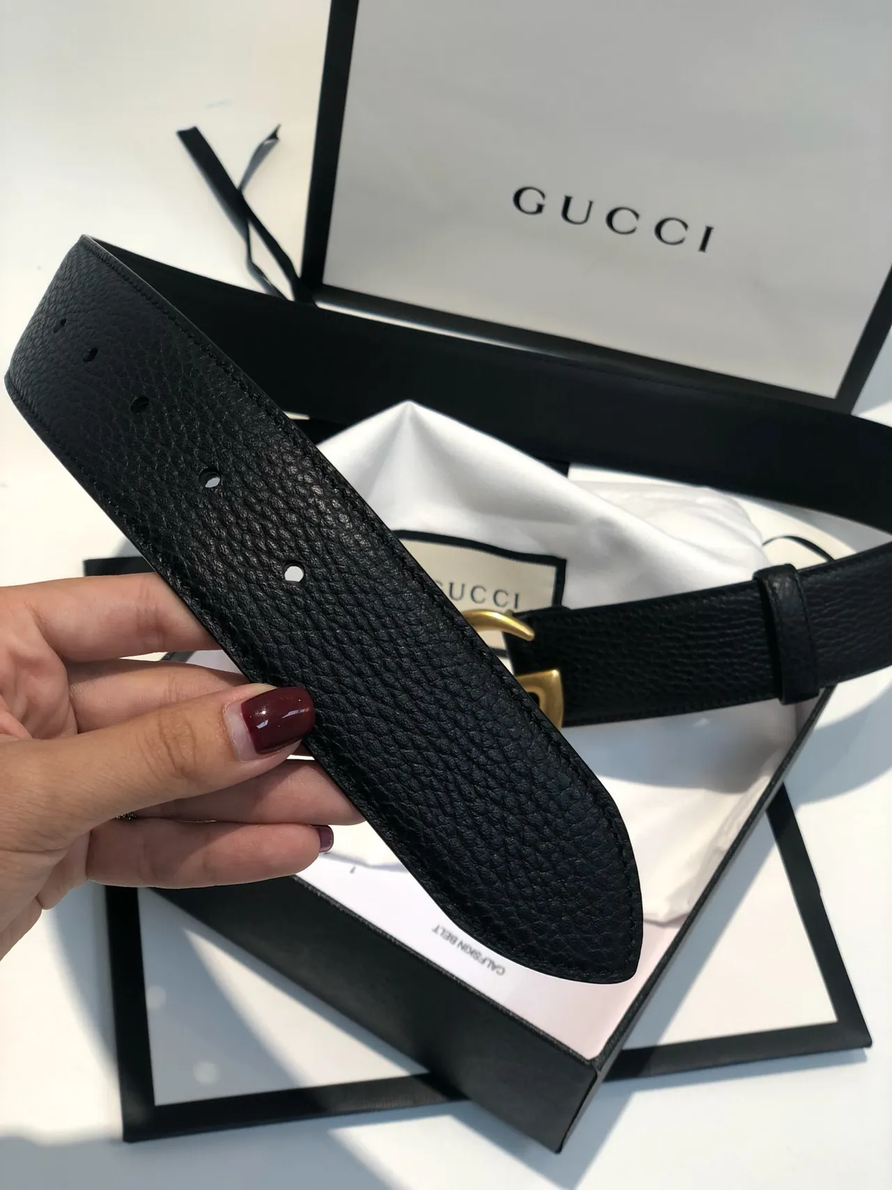 Gucci GG Marmont Black Gold Interlocking G Buckle Textured Leather Belt 2