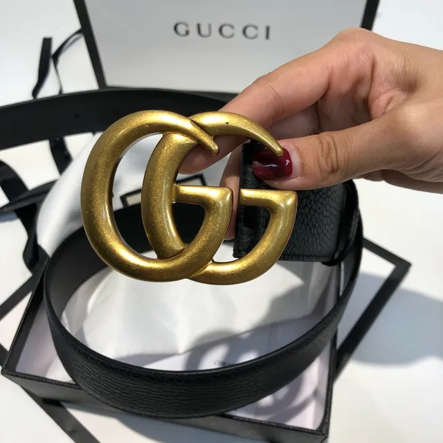 Gucci GG Marmont Black Gold Interlocking G Buckle Textured Leather Belt 3