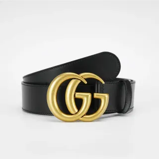 Gucci GG Marmont Black Gold Smooth Oversized Interlocking G Buckle Leather Belt