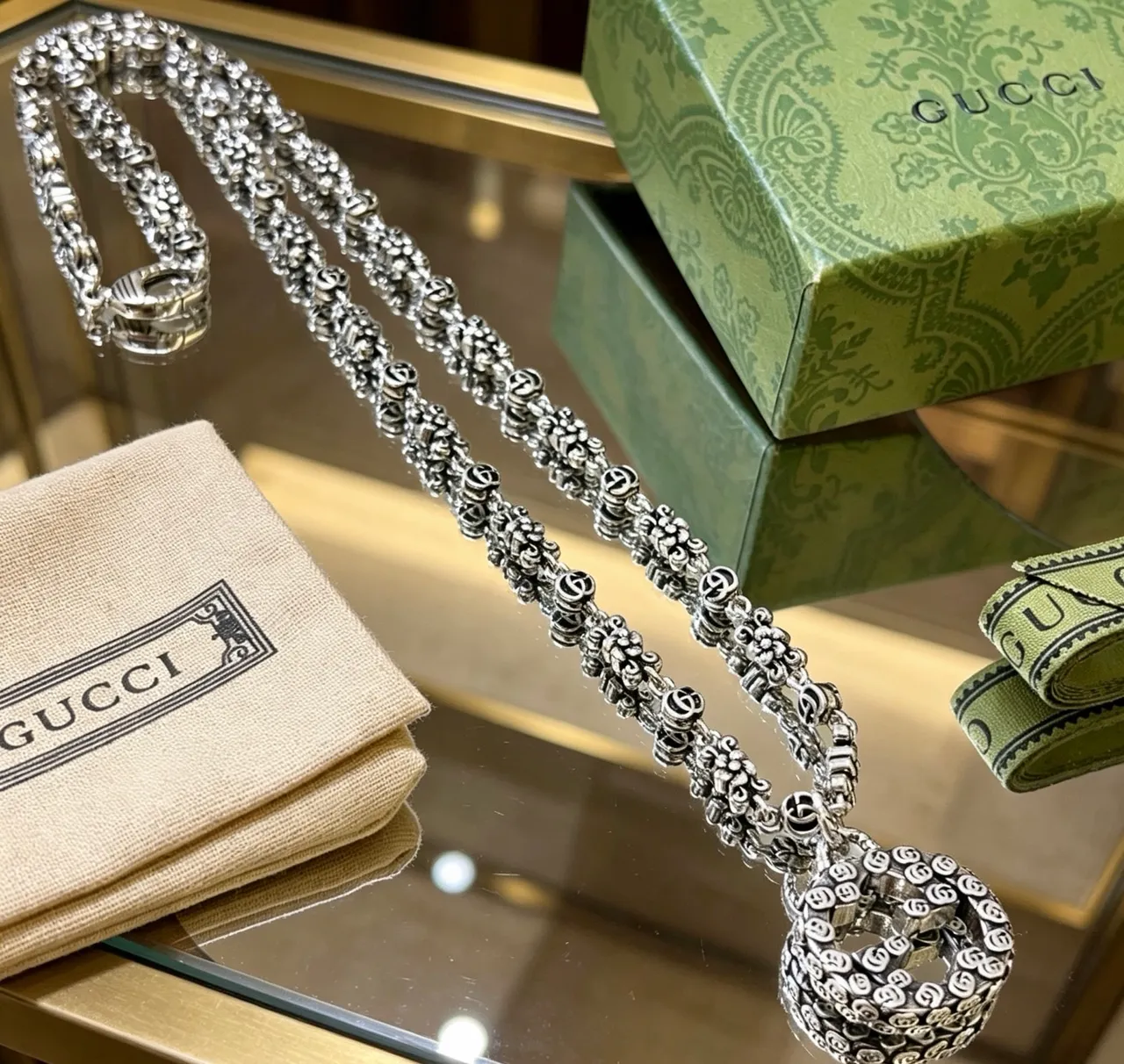 Gucci GG Marmont Chain Interlocking G Floral Link Necklace 4
