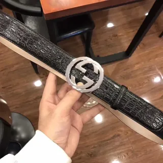 Gucci GG Marmont Crocodile-Embossed Black Leather Belt