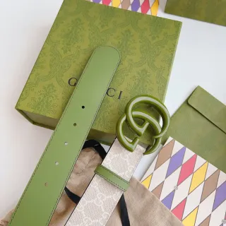 Gucci GG Marmont Verde Bege Interlocking G Fivela Monograma Webbing Couro Cinto