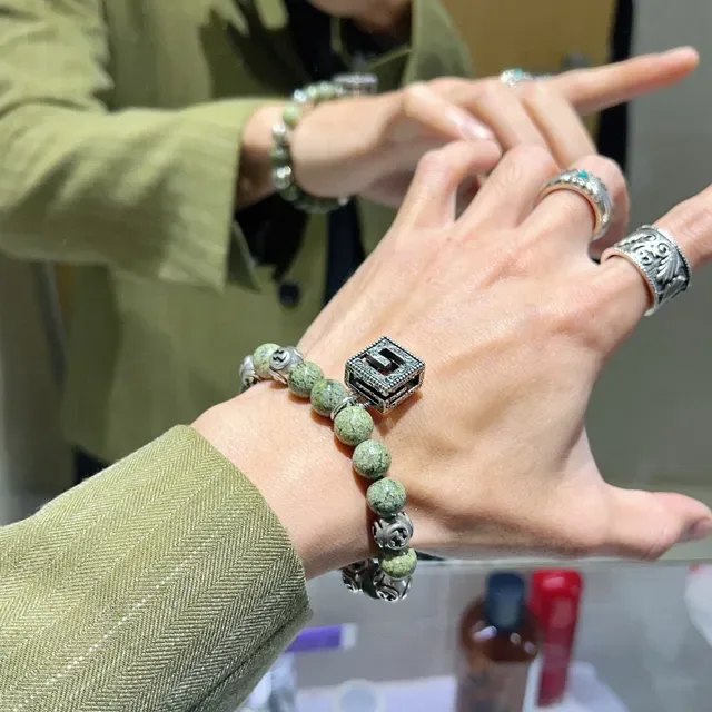 Gucci GG Marmont Green Silver Beaded Interlocking G Motif Bracelet 5
