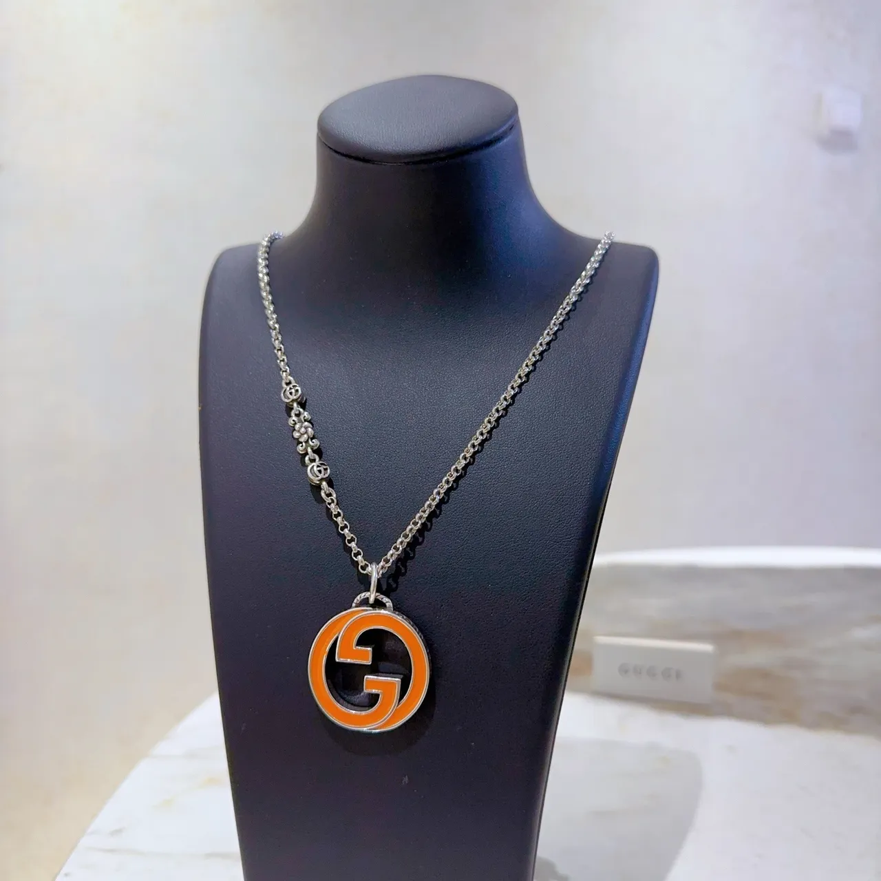 Gucci GG Marmont Orange and Black Enamel Interlocking G Necklace 7