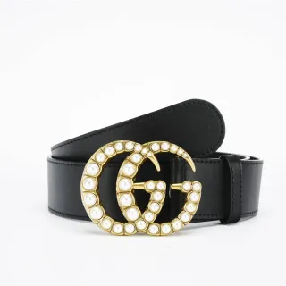 Gucci GG Marmont মুক্তা-জড়ানো সোনার রং Double G কালো চামড়ার বেল্ট