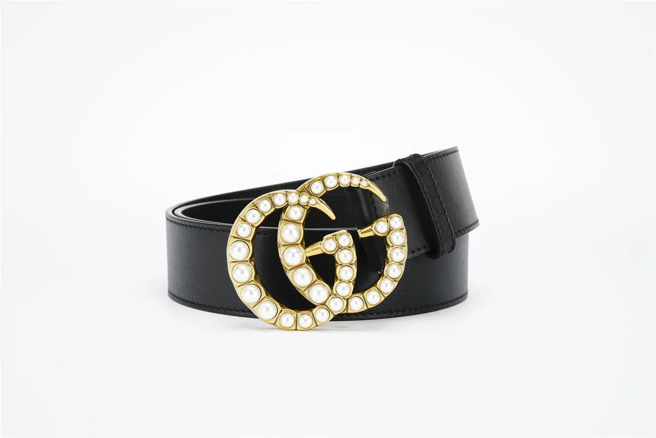 Gucci GG Marmont perlée dorée Double G ceinture en cuir noir 4
