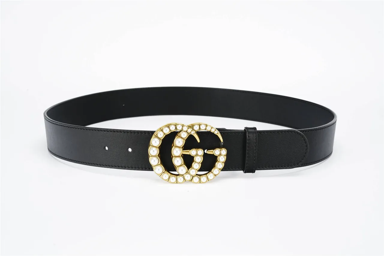 Gucci GG Marmont perlée dorée Double G ceinture en cuir noir 10