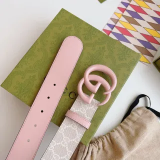 Gucci GG Marmont गुलाबी बेज इंटरलॉकिंग जी रेजिन बकल मोनोग्राम कैनवास वेबिंग लेदर बेल्ट
