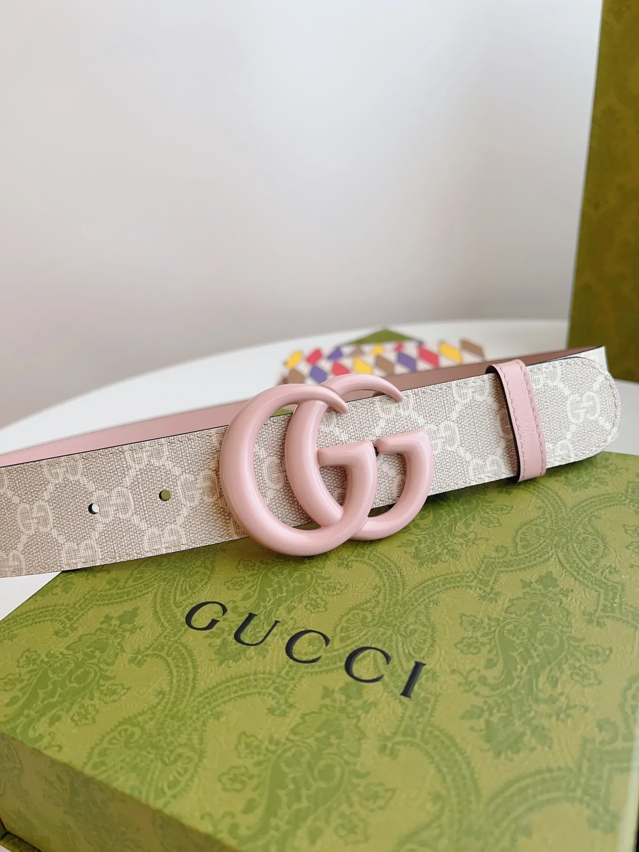 Gucci GG Marmont Pink Beige Interlocking G Resin Buckle Monogram Canvas Webbing Leather Belt 2