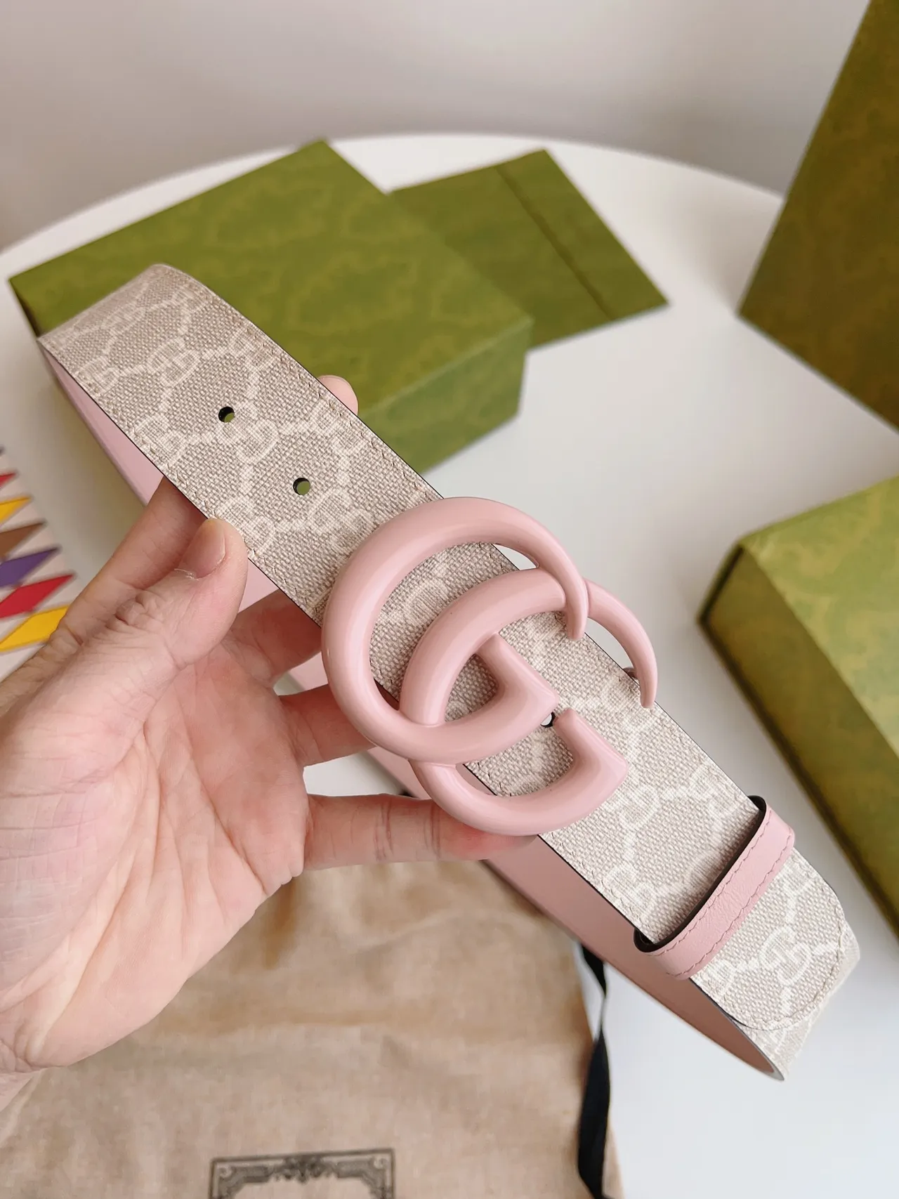 Gucci GG Marmont Pink Beige Interlocking G Resin Buckle Monogram Canvas Webbing Leather Belt 3