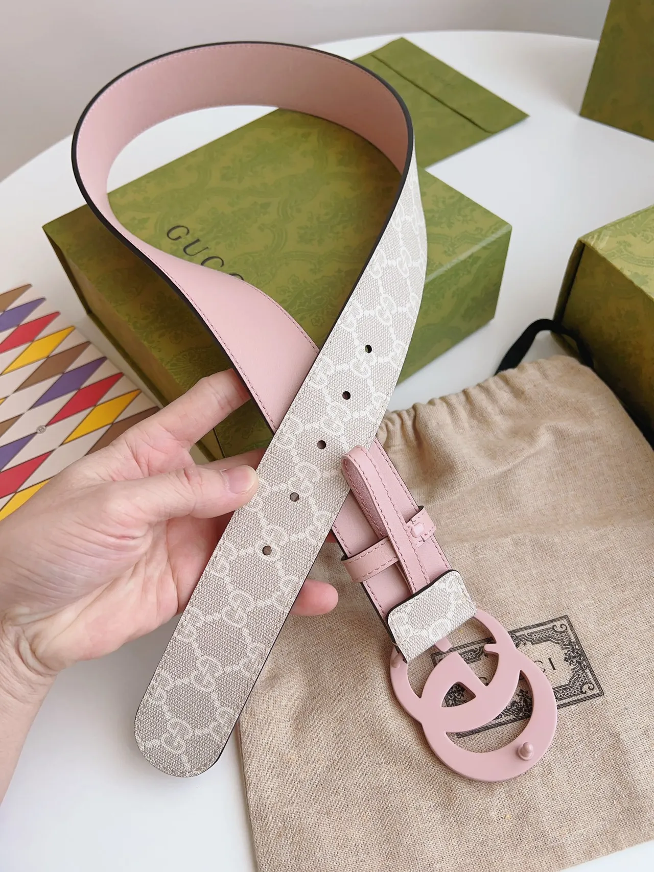 Gucci GG Marmont Pink Beige Interlocking G Resin Buckle Monogram Canvas Webbing Leather Belt 4